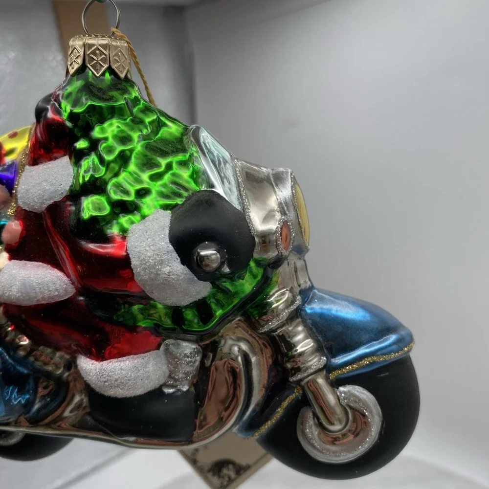 Kurt Adler Santa on Motorcycle Glass Christmas Ornament Blue Silver Red